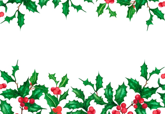 Foto hand getekende aquarel holly twig frame kerstmis en nieuwjaar symbool decoratief element scrapbook poster label banner postkaart