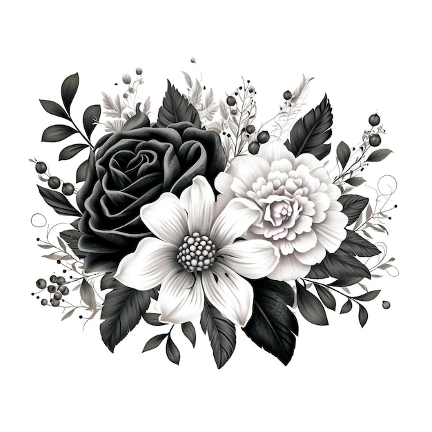 Hand getekende bos met roze bloemen en kleine gypsophila geïsoleerd op een witte achtergrond potloodtekening monochrome elegante bloemencompositie in vintage stijl tshirt tattoo ontwerp