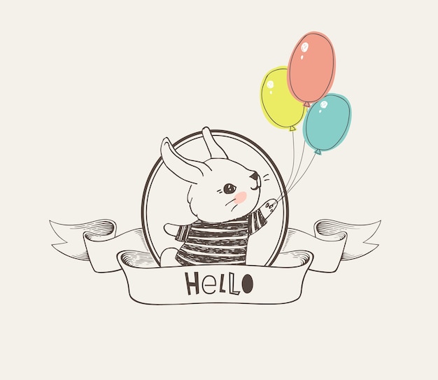 Hand getekende logo of badge met schattig klein konijntje gekleed in gestreept t-shirt met kleurrijke ballonnen in ronde frame en elegant lint met Hallo inscriptie. Vectorillustratie in vintage stijl.