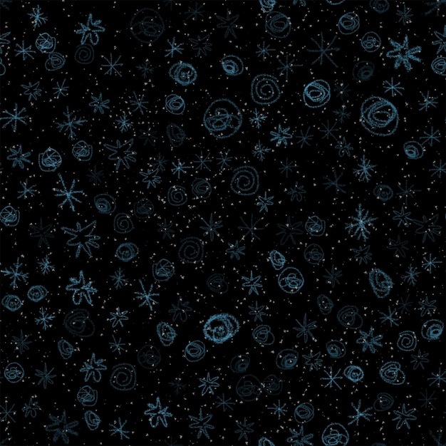 Hand getekende sneeuwvlokken Kerstmis naadloze patroon. Subtiele vliegende sneeuwvlokken op de achtergrond van krijtsneeuwvlokken. Awesome krijt handgetekende sneeuw overlay. Fatsoenlijke decoratie voor het vakantieseizoen.