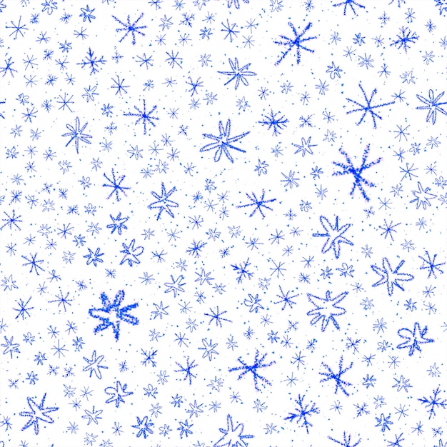 Hand getekende sneeuwvlokken Kerstmis naadloze patroon. Subtiele vliegende sneeuwvlokken op de achtergrond van krijtsneeuwvlokken. Verleidelijke krijt handgetekende sneeuw overlay. Creatieve vakantie seizoen decoratie.