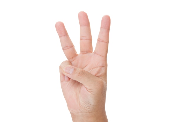 Hand getoond drie vingersymbool op geïsoleerde witte achtergrond voor grafische ontwerper