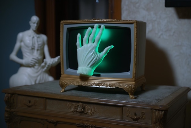Hand of ghost on screen of vintage tv in haunted house Horror movie concept