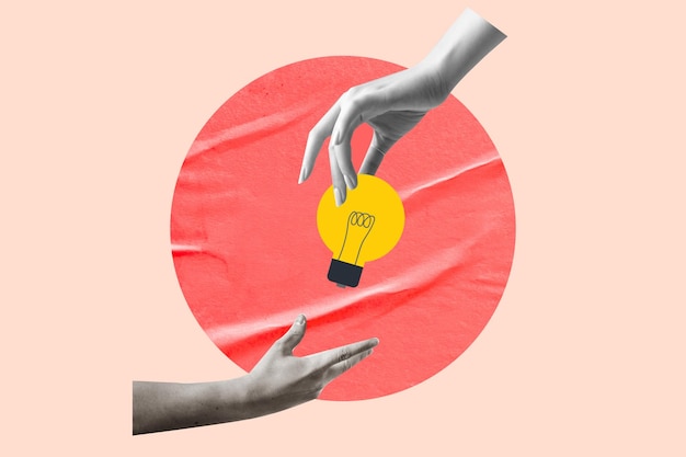 Hand giving the light bulb symbolizing new idea development Concept of creativity retro design business idea making