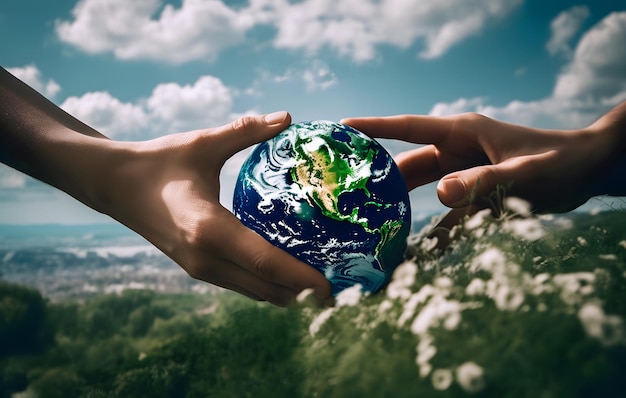 Hand giving to other hand a planet Green spring background Earth day holiday concept Happy Earth Day Generative Ai