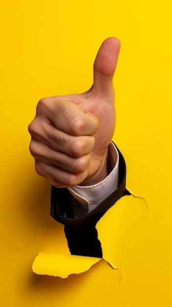 Hand giving thumbs up through yellow wall hole positive gesture concept