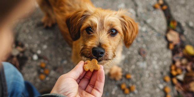 Hand giving a treat to a dog top view