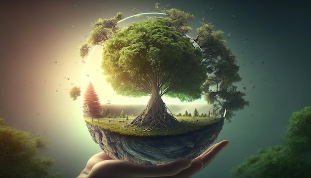 hand globe eco big tree Ai generate