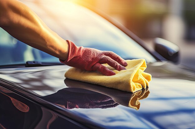 Foto mano in guanto pulizia auto con tessuto in microfibre closeup lavoratore maschile mano close up pulizia auto dashboard ai generato