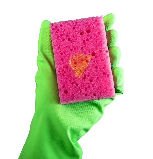 Photo hand in glove holding cleaning sponge with liquid fluid detergent chemical drop for washing isolated on white background
