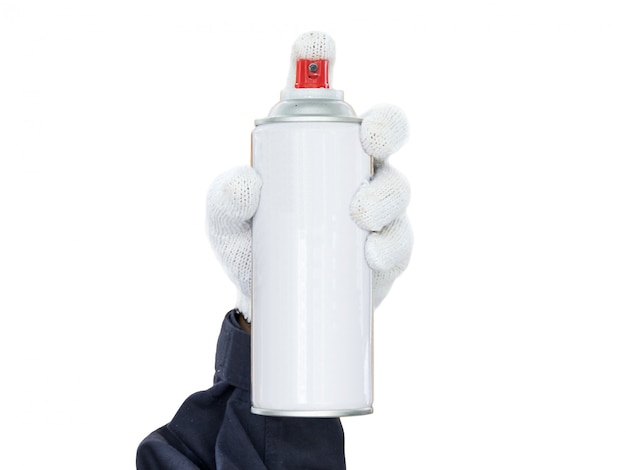 Photo hand in glove holding spray paint can isolated on white