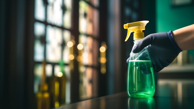 A hand in a glove holds a bottle of green liquid.