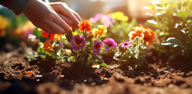 Photo hand in gloves planting plants