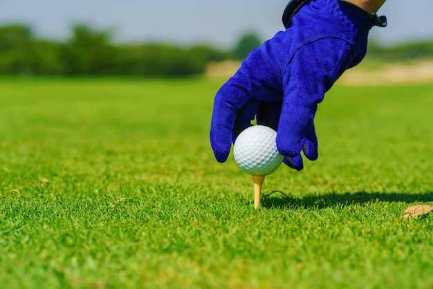 写真 ハンドゴルファーがゴルフコートで撃つ準備ができているゴルフボールを握っている