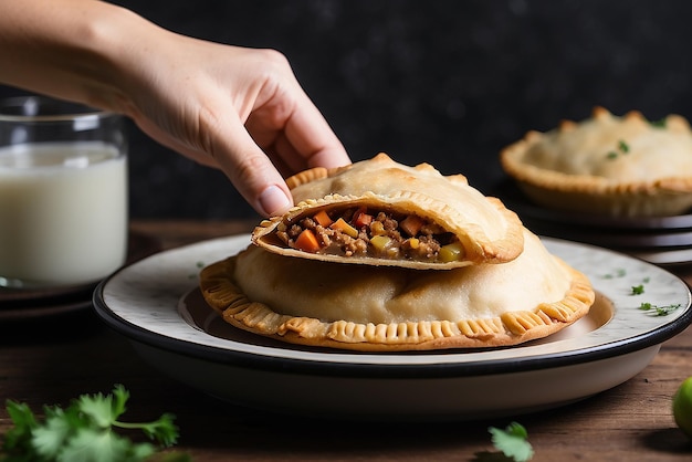 Photo hand grabbing last empanada from serving dish