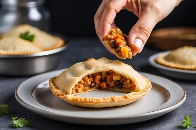 Hand grabbing last empanada from serving dish