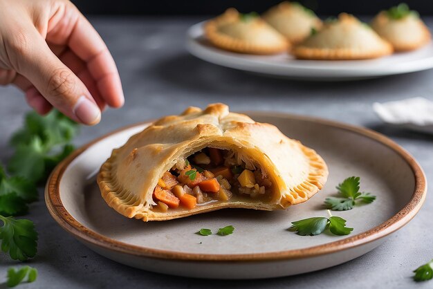 Photo hand grabbing last empanada from serving dish