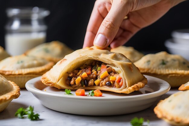 Photo hand grabbing last empanada from serving dish