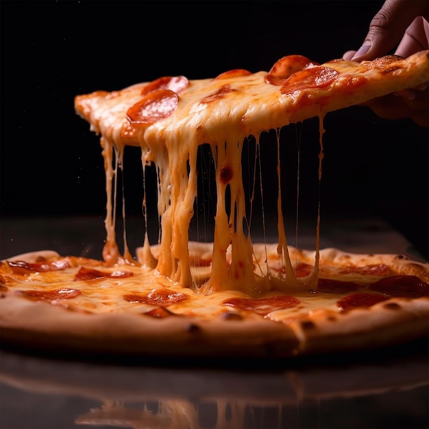 A hand grabbing a slice of pepperoni pizza