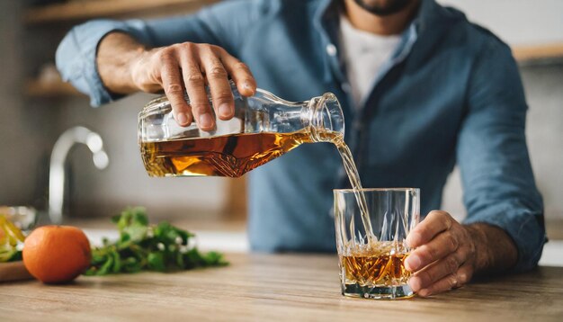 hand gracefully pouring rich amber whiskey into crystal glasses in a warmly lit kitchen setting