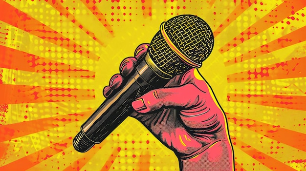 A hand grasps a mic Collage component with dotted pattern Pop art design on vibrant yellow backdrop