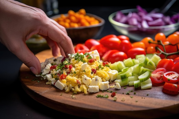 Photo hand grating cheese over a chickpea salad