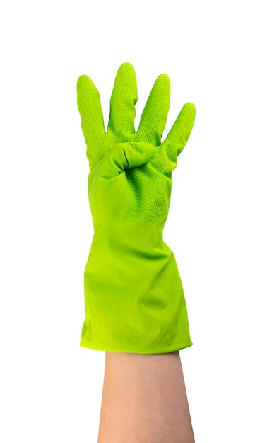 Hand in green protective rubber glove isolated. Raised gloved hand with four fingers