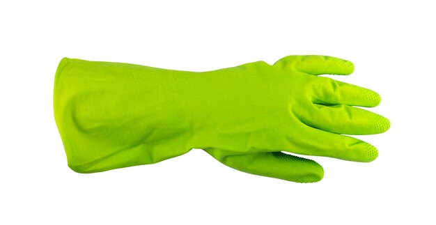 Hand in green protective rubber glove isolated