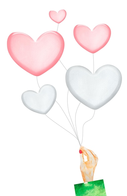 A hand in a green sleeve holds balloons with hearts watercolor illustration