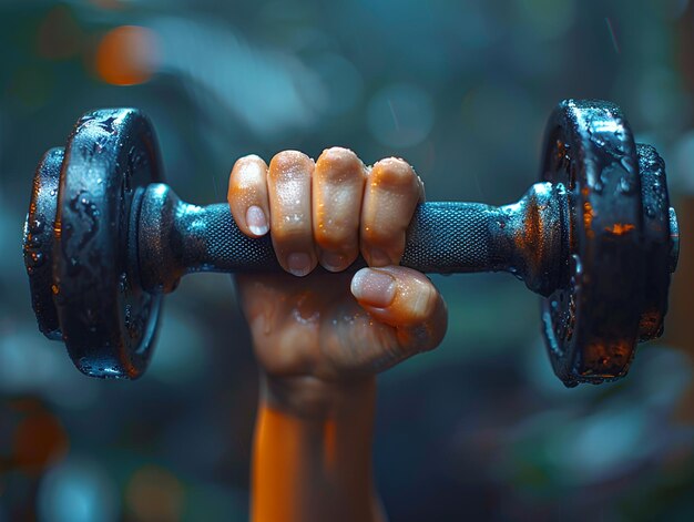 Photo hand gripping a fitness dumbbell symbolizing health