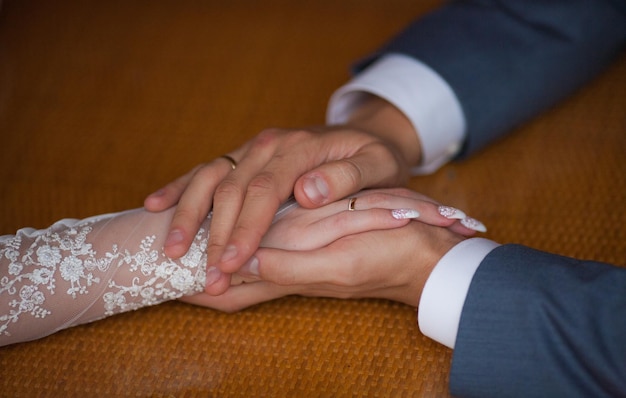 Hand of groom and bride