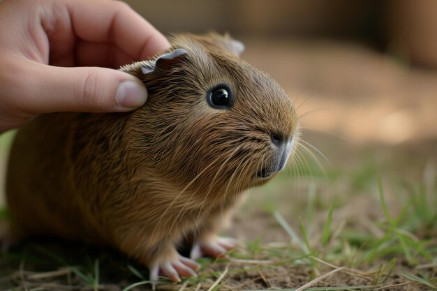 Hand grooming guinea pig with a small brush