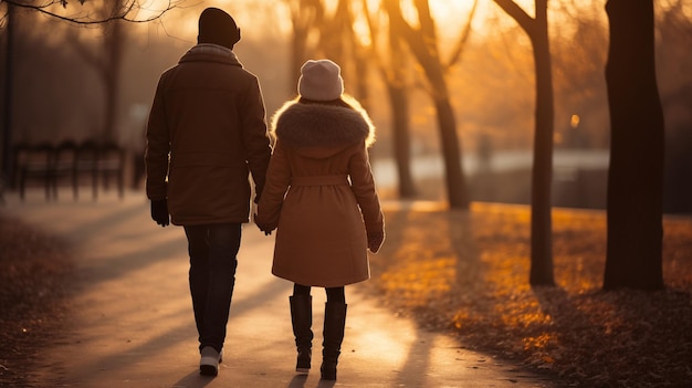 Hand in hand a couple walks amid a sunset