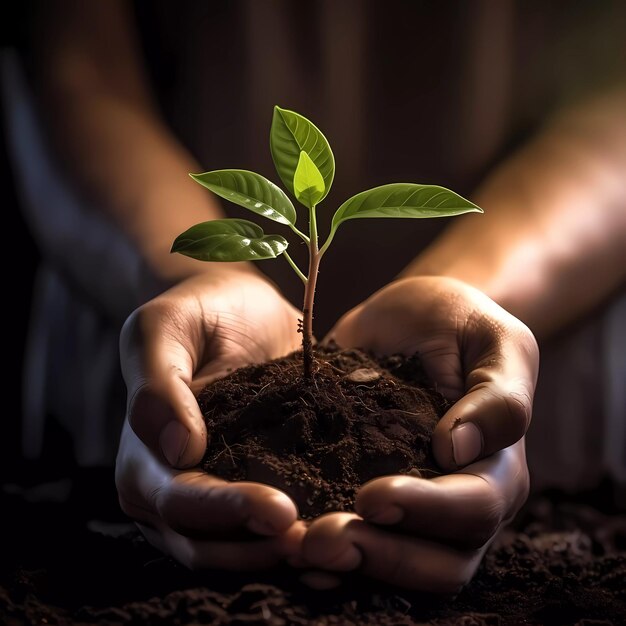 Foto tenere mano alla mano una piccola pianta in un terreno fertile nutrire la crescita concetto di consapevolezza ambientale