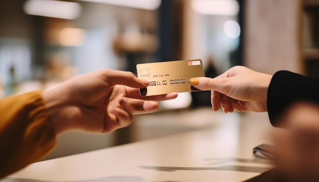 Hand handing golden credit card to cashier in bright store