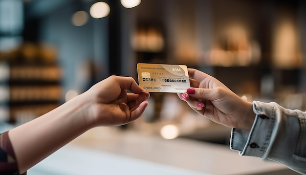 Hand handing golden credit card to cashier in bright store