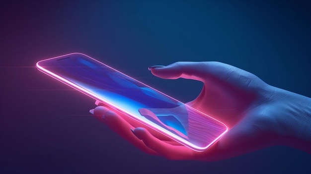 Hand handing smartphone with outline blue light line