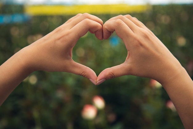 Hand heart sign in greenhouse