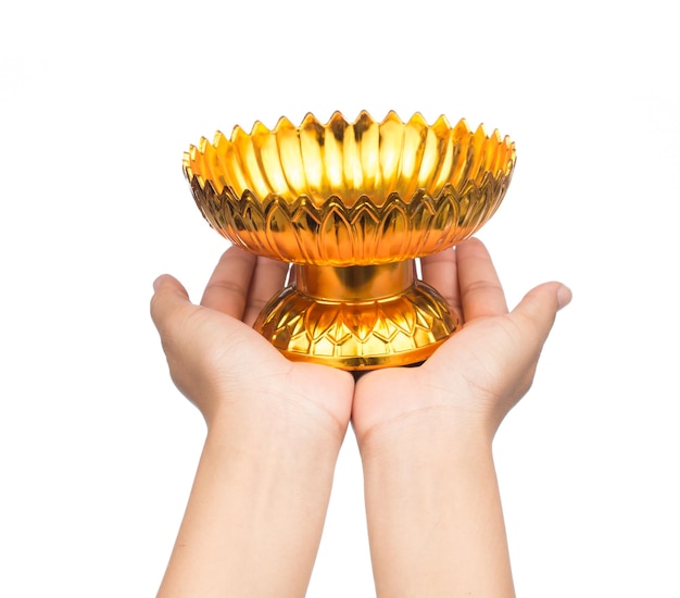 Hand held Gold Tray with pedestal isolated on white background