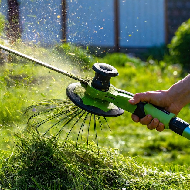 Hand held grass trimmer mowing green lawn Grass shreds flying around the gardening tool