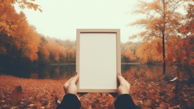 Photo hand held photo frame blank space for template with outdoor autumn theme
