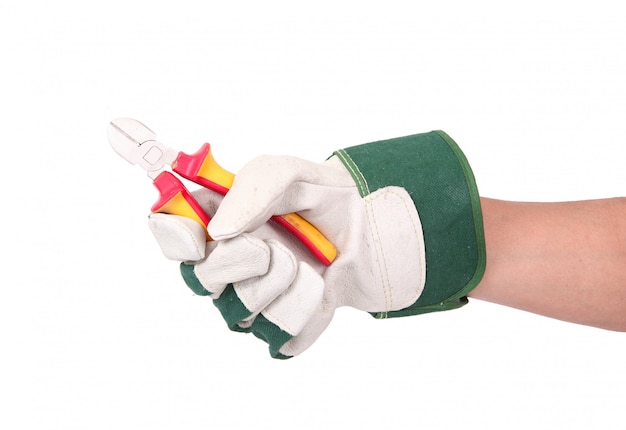 Hand held pliers with gloves on white