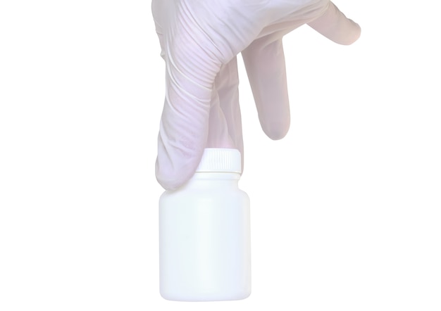 Hand hold a blank medical bottle. Isolated over white