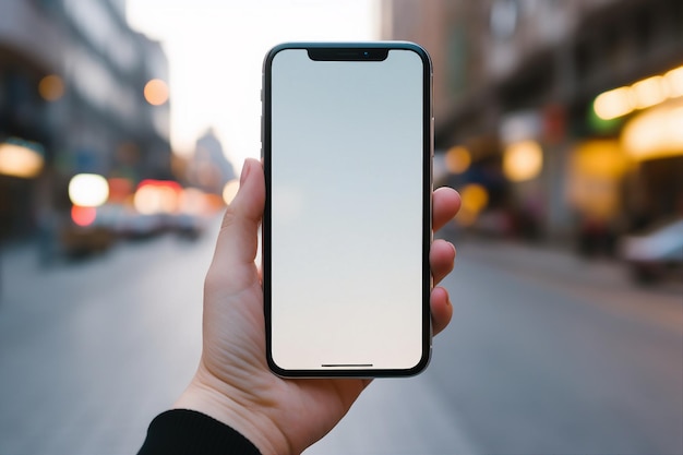 Foto telefono cellulare a schermo vuoto in mano per strada