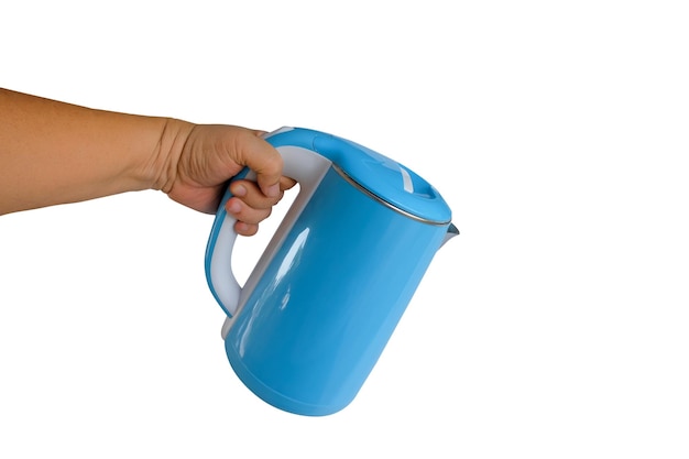 Hand hold an Electric kettle for boiling water on white background