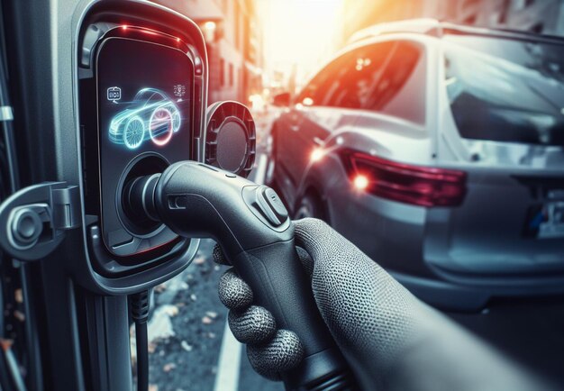 EV 하이브리드 자동차를 위한  ⁇ 드홀드 전기 플러그 빠른 배터리 에너지 충전 그래픽 사용자 인터페이스 아트 ai 생성