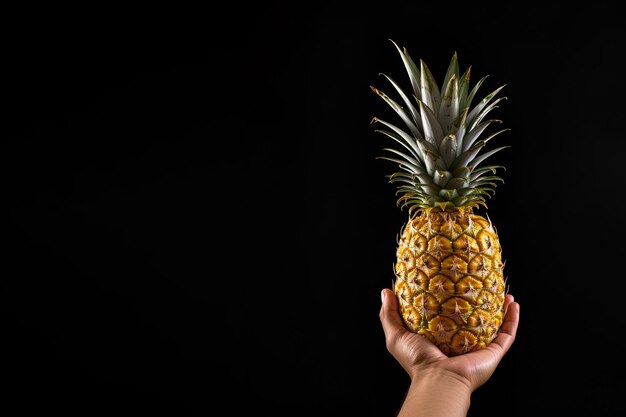 Hand hold fresh pineapple isolated on a black background with copy space