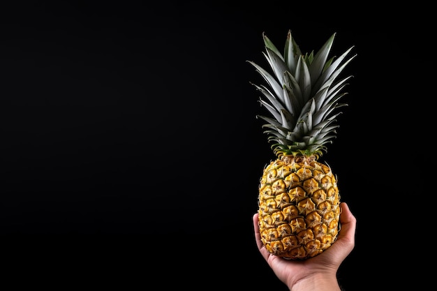 Hand hold fresh pineapple isolated on a black background with copy space