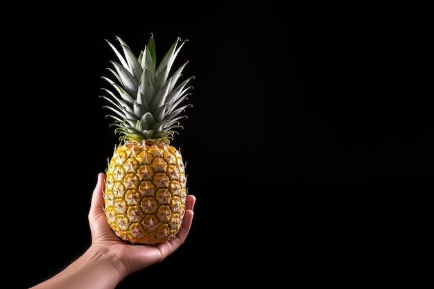 Hand hold fresh pineapple isolated on a black background with copy space