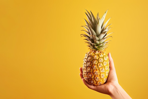 Hand hold fresh pineapple isolated on a yellow background with copy space